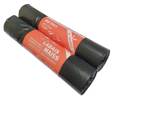 Atkritumu maisi LABAIS MAISS LDPE, aizvelkami, 60l, melni, 60x78cm, 33mk, 10gab