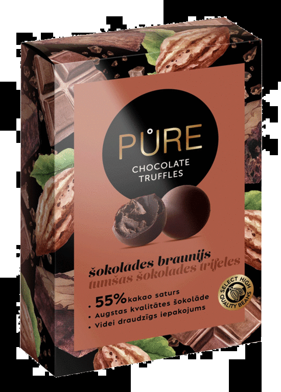 Tumšās šokolādes trifeles ar šokolādes braunija krēma pildījumu 148g, PURE