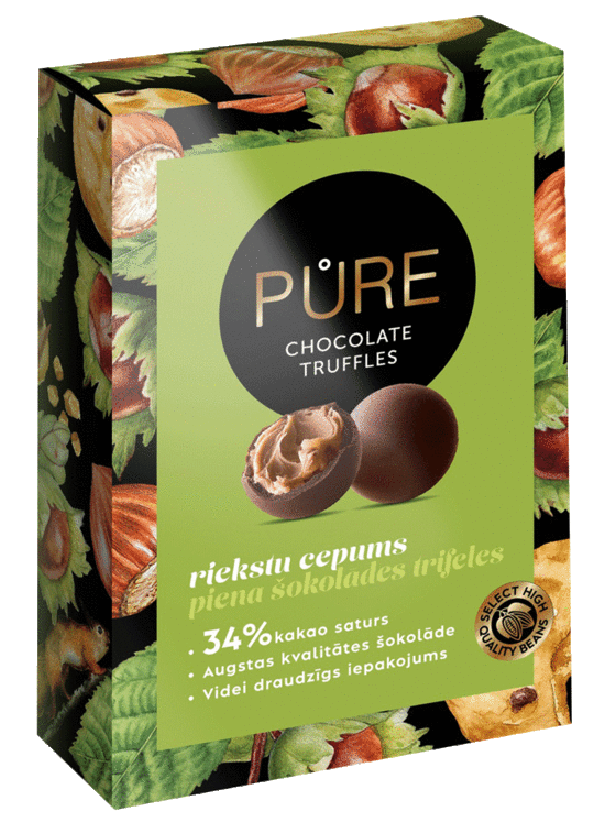 Piena šokolādes trifeles ar lazdu riekstu un kraukšķīgo cepumu krēma pildījumu 148g, PURE