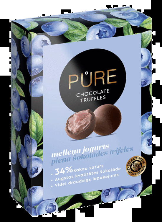 Piena šokolādes trifeles ar melleņu jogurta krēma pildījumu 148g, PURE