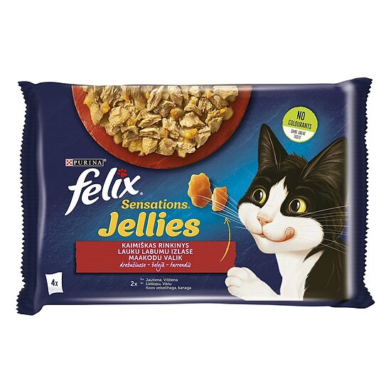 Konservi kaķiem FELIX Sensations, gaļas izlase želejā, 4x85g