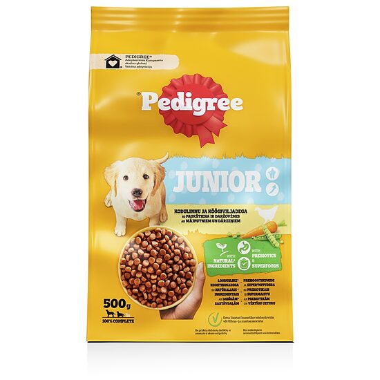 Sausā barība suņiem Pedigree Junior ar mājputniem un dārzeņiem, 500g