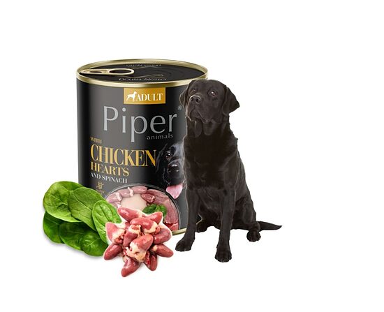 Konservi suņiem PIPER ar vistu sirdīm un spinātiem, 800g