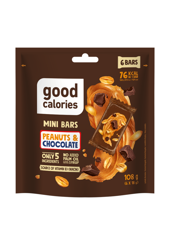 Mini riekstu batoniņi ar zemesriekstiem un šokolādi GOOD CALORIES, 108g