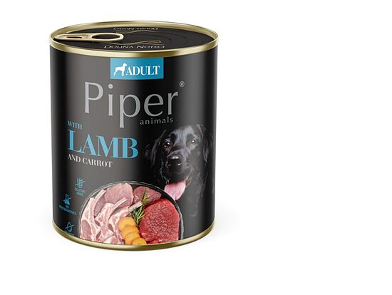Konservi suņiem PIPER ar jēru, burkāniem un rīsiem, 800g