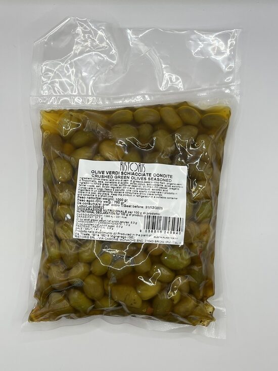 Zaļās olīvas ar kauliņiem RISTORIS Verdi Schiacciate Condite, 1kg/750g