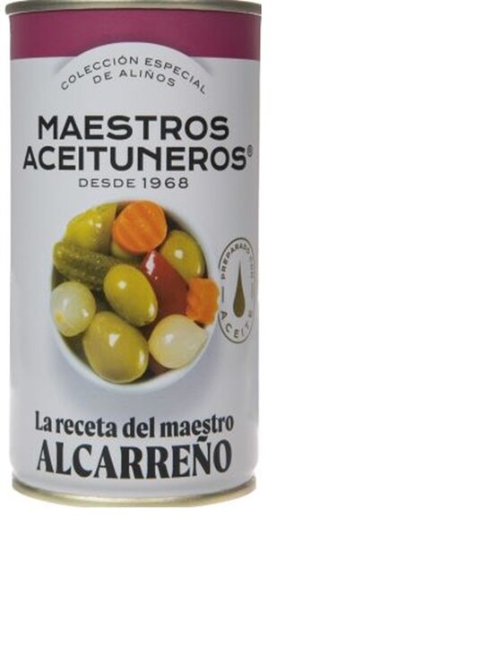 Zaļās olīvas MAESTROS ACEITUNEROS, ar sarkano čilli, gurķīšiem, burkāniem, sīpoliem, 350/185g