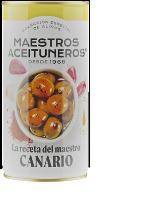 Zaļās olīvas MAESTROS ACEITUNEROS, ar oriģinālo "mojo picon" recepti (Kanāriju salu mērce), 350g/185