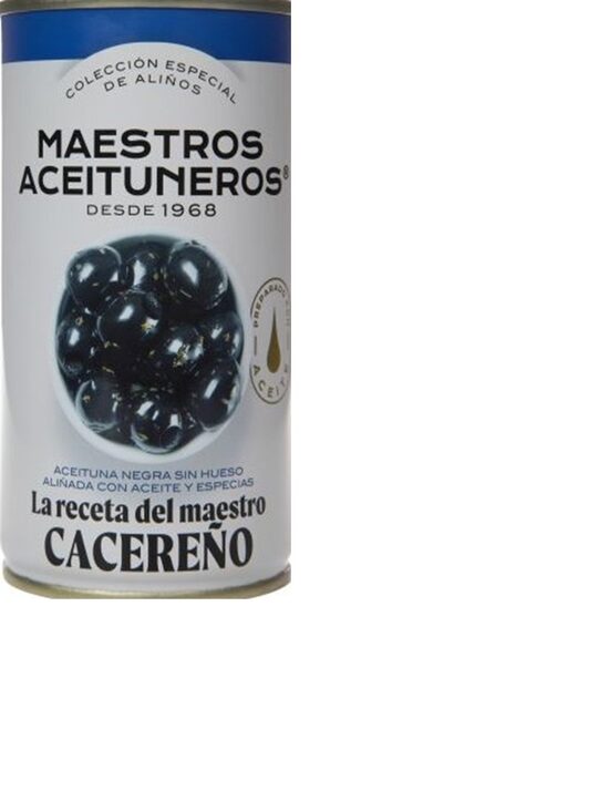 Lielas, melnās olīvas, bez kauliņiem MAESTROS ACEITUNEROS, ar eļļu un garšvielām, 320g/150g