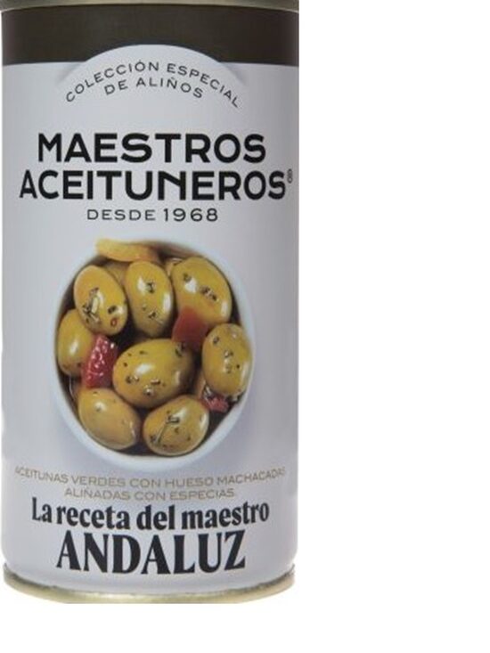 Zaļās olīvas MAESTROS ACEITUNEROS, Andalūzijas gaumē, ar pipariem, papriku un ķiplokiem, 350g/185g