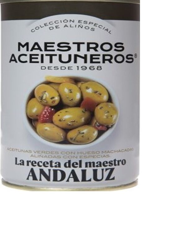 Zaļās olīvas MAESTROS ACEITUNEROS, Andalūzijas gaumē, ar pipariem, papriku un ķiplokiem, 800g/500g