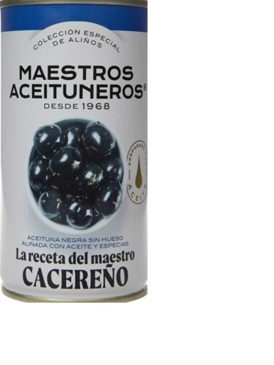 Lielas, melnās olīvas, bez kauliņiem MAESTROS ACEITUNEROS, ar eļļu un garšvielām, 4.2kg/2kg