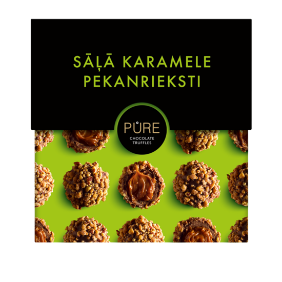 Piena šokolādes trifeles ar sāļās karameles krēma pildījumu un pekanrieksta dekoru 110 g, PURE