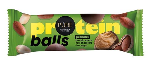 Tumšās šokolādes trifeles ar proteīna zemesriekstu krēma pildījumu 40g PURE