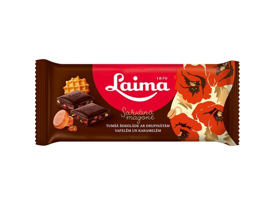 Tumšā šokolāde LAIMA Sarkanā Magone, ar drupinātām vafelēm un karamelēm, 90g