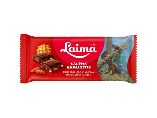 Piena šokolāde LAIMA Lācītis Ķepainītis, ar veselām mandelēm un vafelēm, 90g