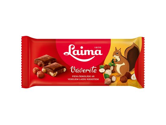 Piena šokolāde LAIMA Vāverīte, ar veseliem lazdu riekstiem, 90g