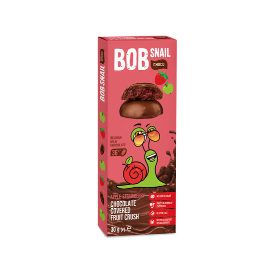 Ābolu-zemeņu konfektes piena šokolādē BOB SNAIL, 30g