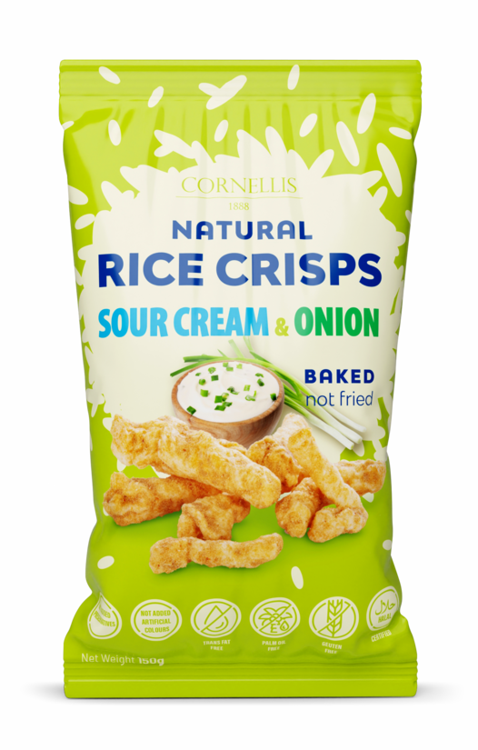 Rīsu uzkoda CORNELLIS 1888, ar skābo krējumu un sīpolu garšu, 150g