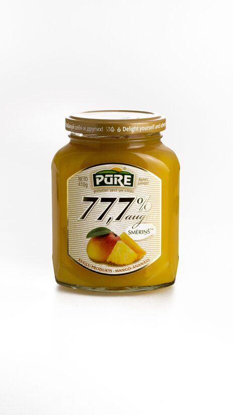 Augļu produkts PŪRE, Mango-ananasu "77.7% ogu smēriņš", 410g