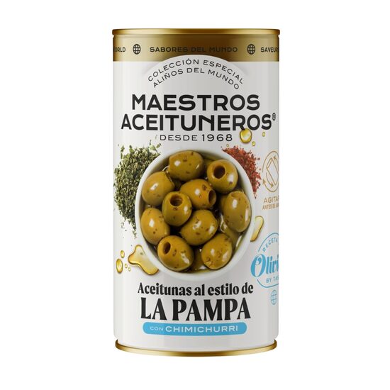 Zaļās olīvas bez kauliņiem MAESTROS ACEITUNEROS ''Pampa'' gaumē ar chimichurri mērci, 320g/150g