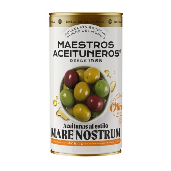 Zaļās un melnās olīvas ar kauliņiem MAESTROS ACEITUNEROS ''Mare Nostrum'' gaumē, 350g/185g