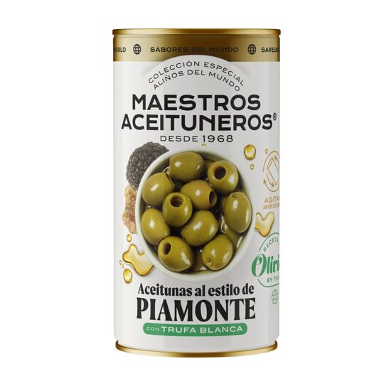 Zaļās olīvas bez kauliņiem MAESTROS ACEITUNEROS “Piamonte” gaumē ar balto trifeļu garšu, 320g/150g