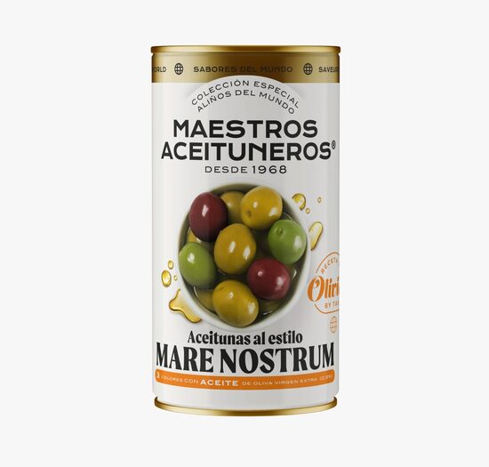 Zaļās un melnās olīvas ar kauliņiem MAESTROS ACEITUNEROS ''Mare Nostrum'' gaumē, 4.2kg/2.5kg