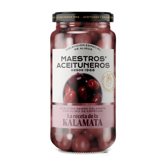 Sarkanās olīvas Kalamata ar kauliņiem MAESTROS ACEITUNEROS, 345g/190g