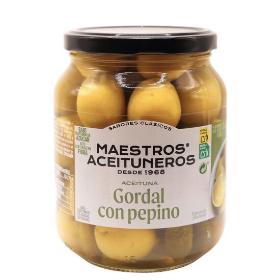 Zaļās olīvas Gordal bez kauliņem, ar pipargurķīšiem MAESTROS ACEITUNEROS, 700g/300g
