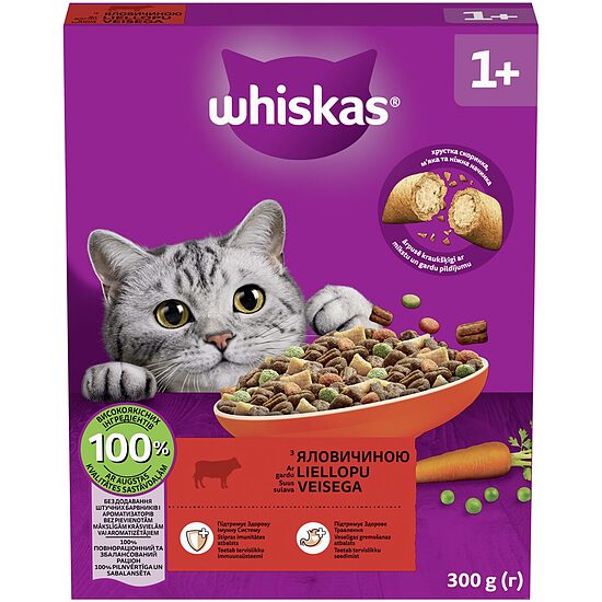 Sausā barība Whiskas Adult ar liellopa gaļu 300g NEW