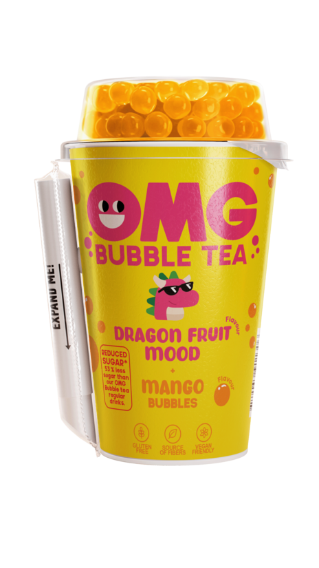 Tējas dzēriens OMG, Pūķa augļu garša ar mango bumbiņām, 0.265l