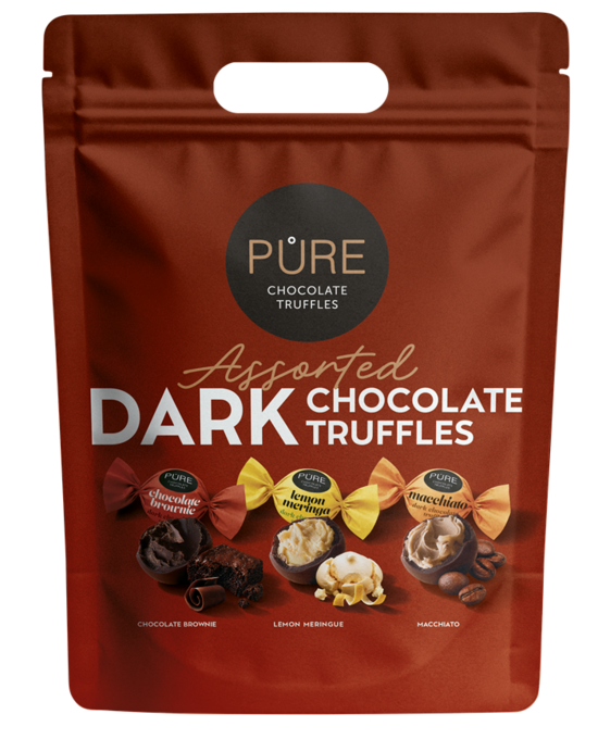 Tumšās šokolādes trifeles ar pildījumiem "ASORTI" 500g PURE Doypack
