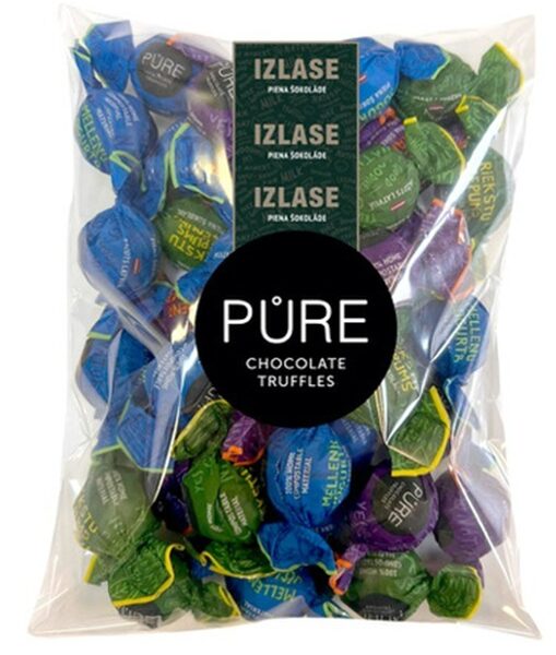 Piena šokolādes trifeles ar pildījum."Asorti" (karamele, lazda cepums, mellene jogurts) 500g, PURE