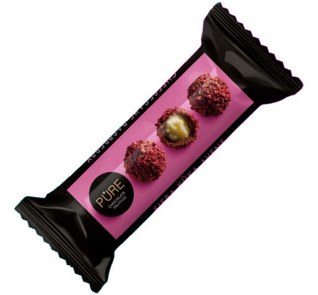 Piena šokolādes trifeles ar siera kūkas garšas krēma pildījumu un aveņu dekoru 32g, PURE