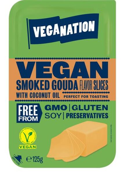 Vegānisks produkts uz augu tauku bāzes, ar kūpināta Gouda siera garšu, VEGANATION, šķēlēs,125g