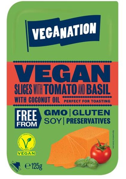 Veģetāriskais siers uz augu tauku bāzes ar tomātu un baziliku VEGANATION, šķēlēs, 125 g