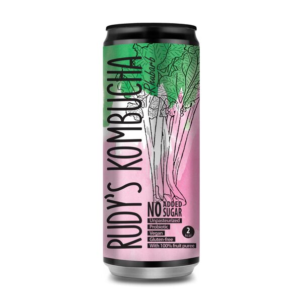 Tējas dzēriens RUDY'S Kombucha Rhubarb, bez cukura, bundžā, 0.33l (DEP)
